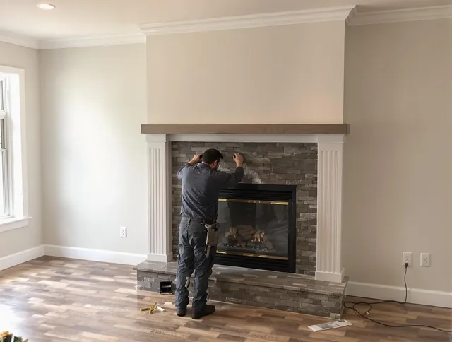 Belmont Chimney Sweep finishing a custom fireplace install in Belmont, NC